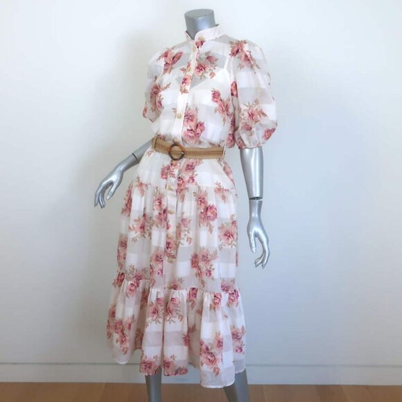 Zimmermann Rosa Striped Belted Tiered Midi Dress Cream Floral Print Size 0 - Picture 4 of 8